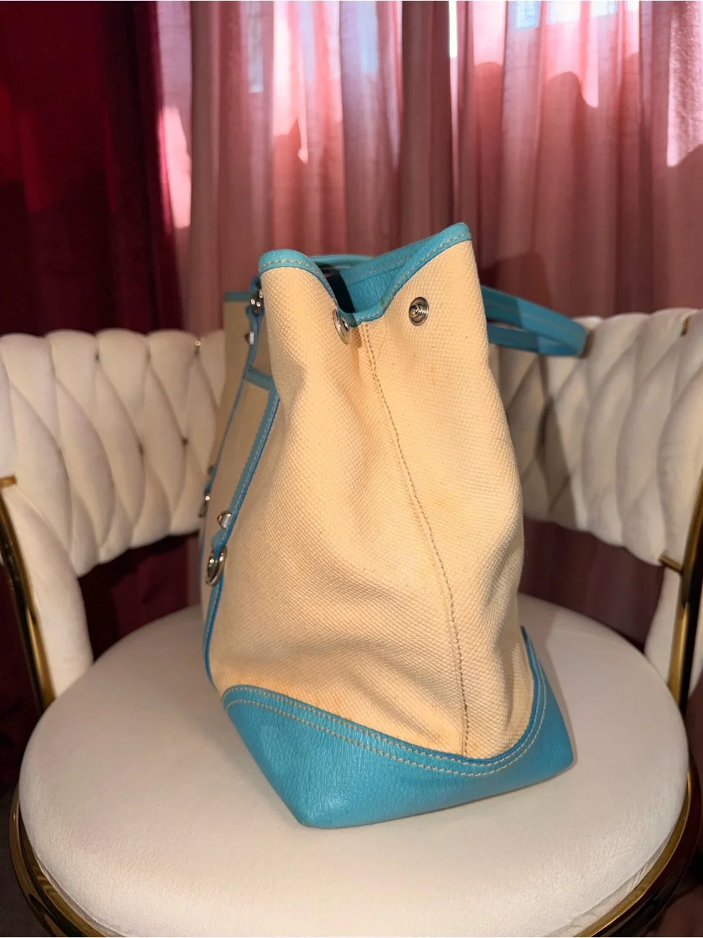 Rare Authentic Prada Canvas Tote Bag in Cream and Turquoise